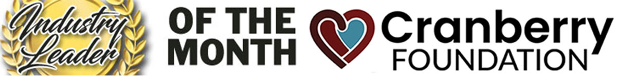 The headline "INDUSTRY LEADER" is visible on the left, next to the logo for "Cranberry Foundation." The logo features a stylized red, white, and blue design above a tagline about "Building a Healthy Future." The background is a mix of vibrant, geometric shapes in shades of blue, green, and pink.